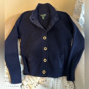 Ralph Lauren large gold button navy ribbed cardigan, 100% cotton, women’s large